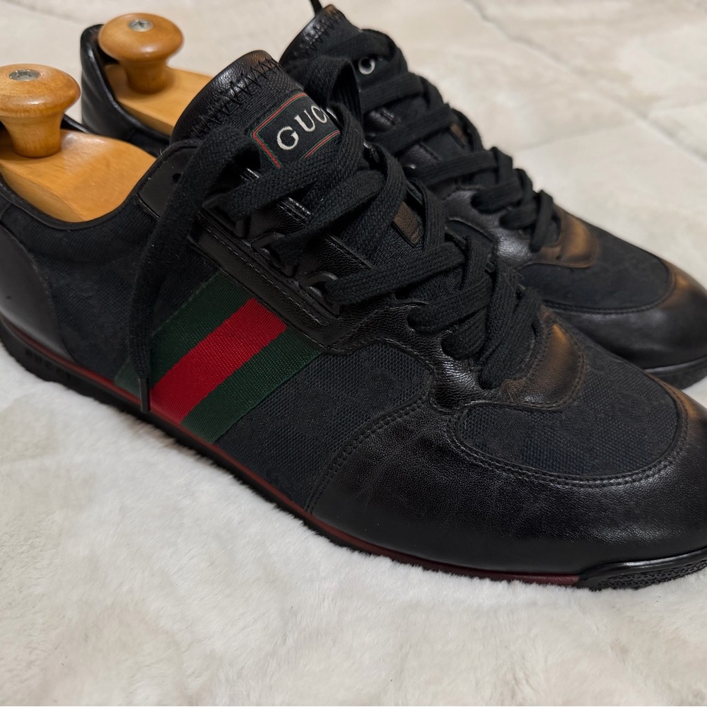 Gucci Ace Black Leather Canvas Signature Red Stripe Low Tennis Sneakers 10.5 - Picture 8 of 16